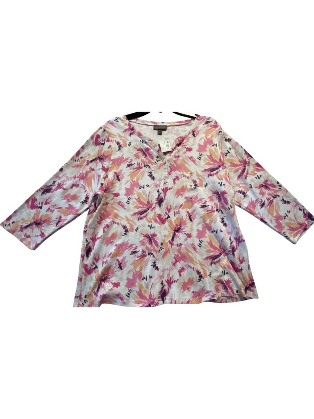 Style & Co Womens 2X Floral Print Top Bright White Combo  3/4 Sleeve